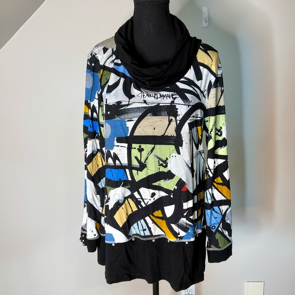 DOLCEZZA SIMPLY ART Long Sleeve Cowl Neck Top Art To Wear Studs Abstract Large - Picture 7 of 9